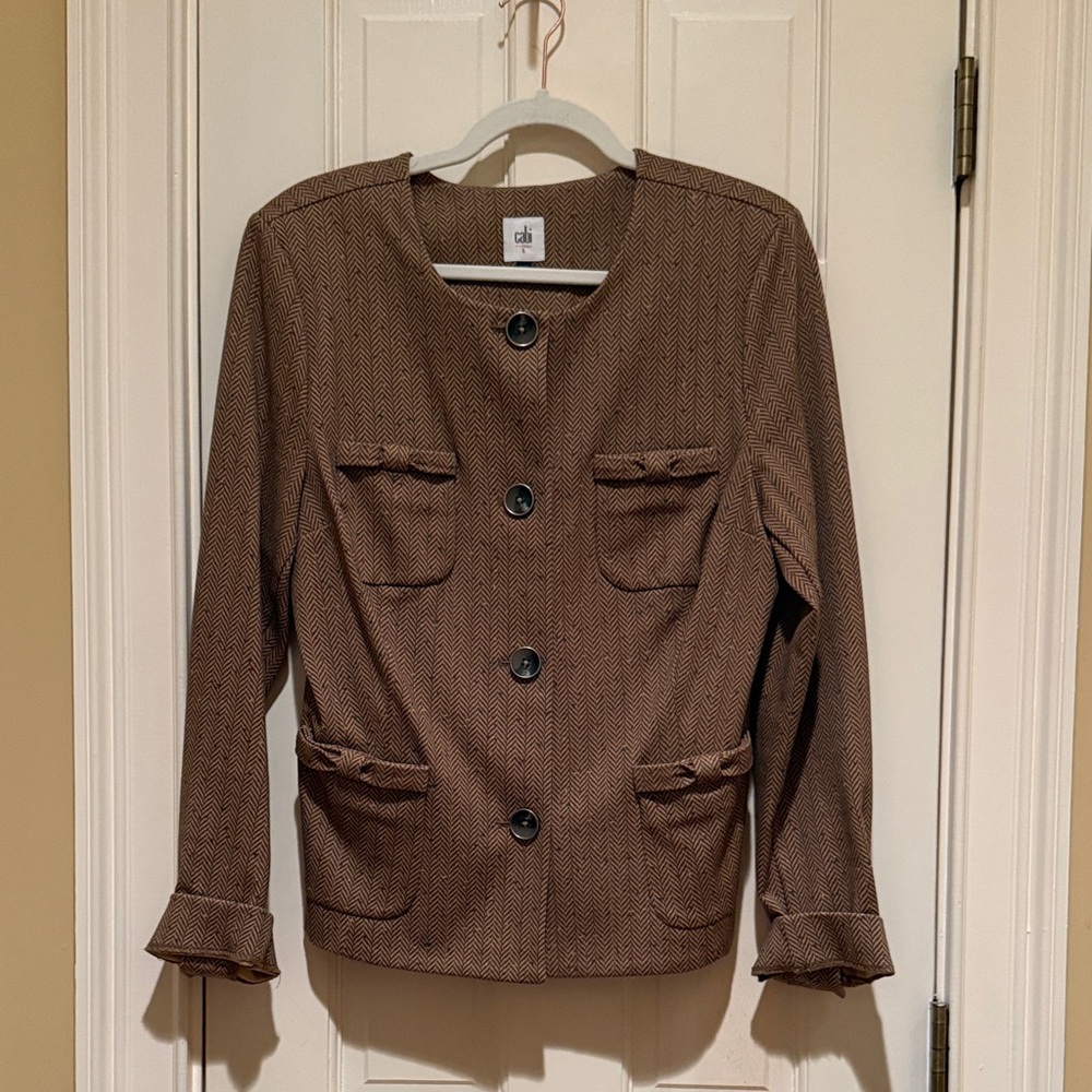 CAbi Brown Herringbone Blazer with Black Accents